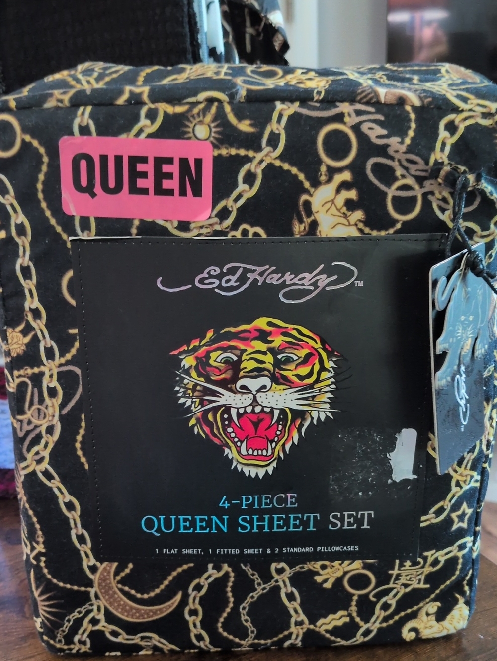 ED HARDY Black Sheet Set with Gold Chain & Crescent Print Queen Brand New